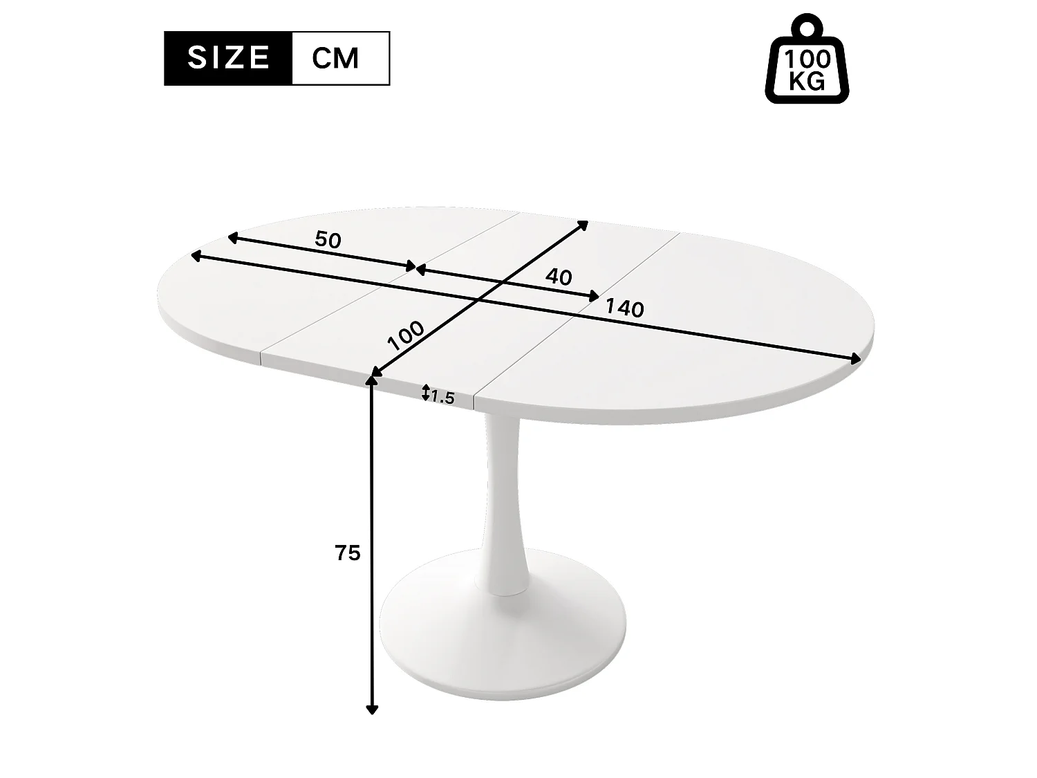 Table à manger extensible ovale blanche, pied central, 100-140 cm, design moderne