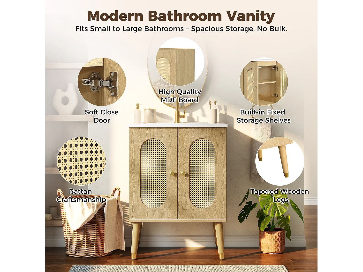 Meuble vasque en bois clair 61 cm, portes en rotin, lavabo céramique, pieds dorés, design naturel