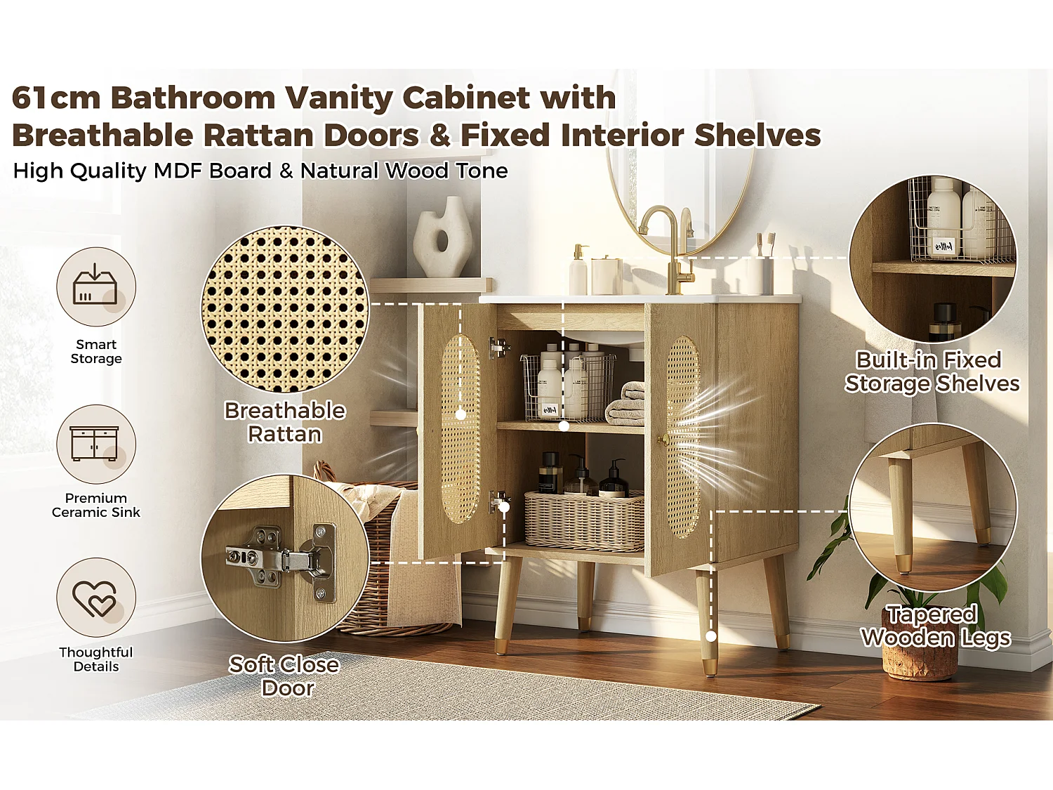 Meuble vasque en bois clair 61 cm, portes en rotin, lavabo céramique, pieds dorés, design naturel