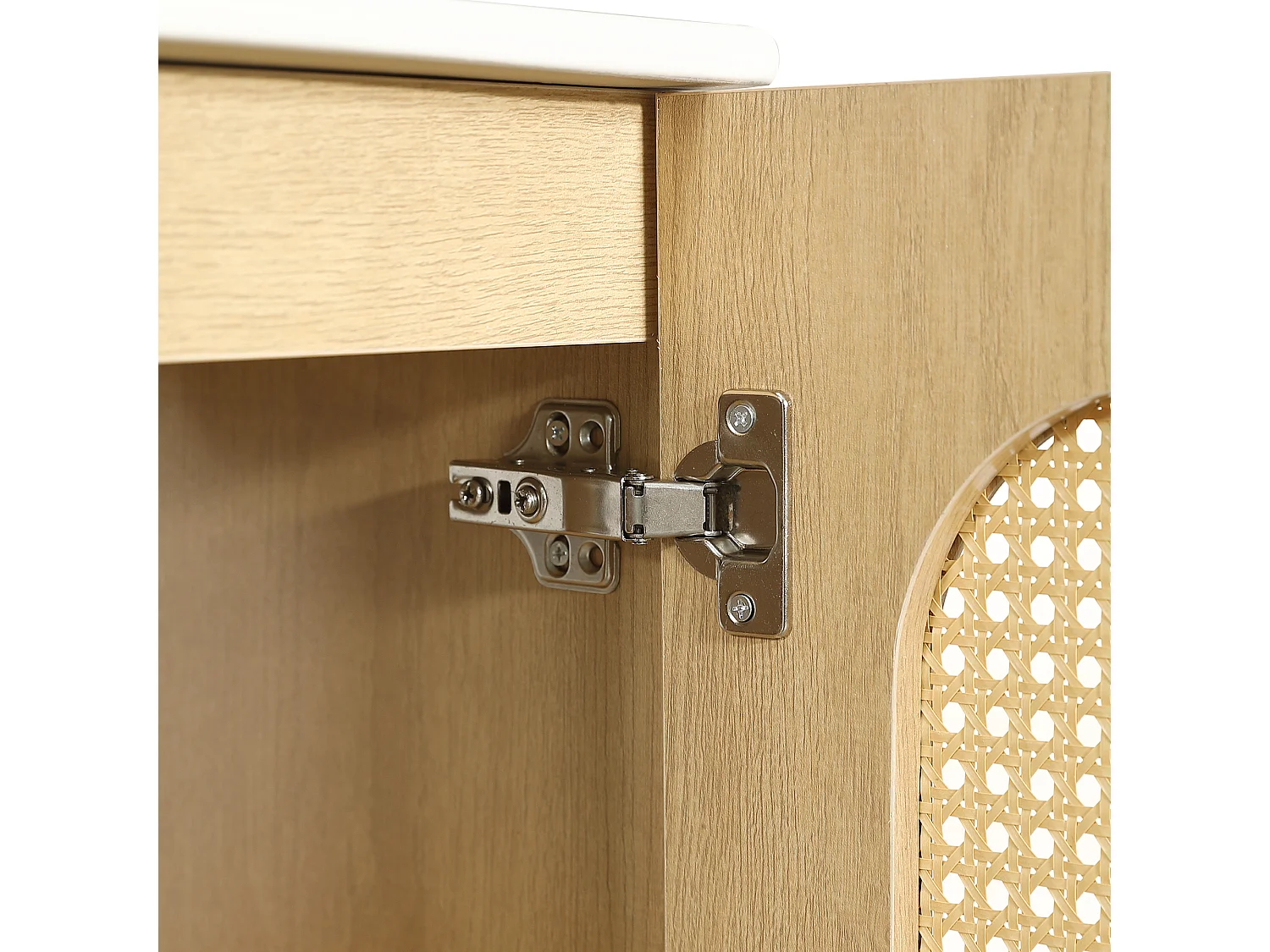 Meuble vasque en bois clair 61 cm, portes en rotin, lavabo céramique, pieds dorés, design naturel