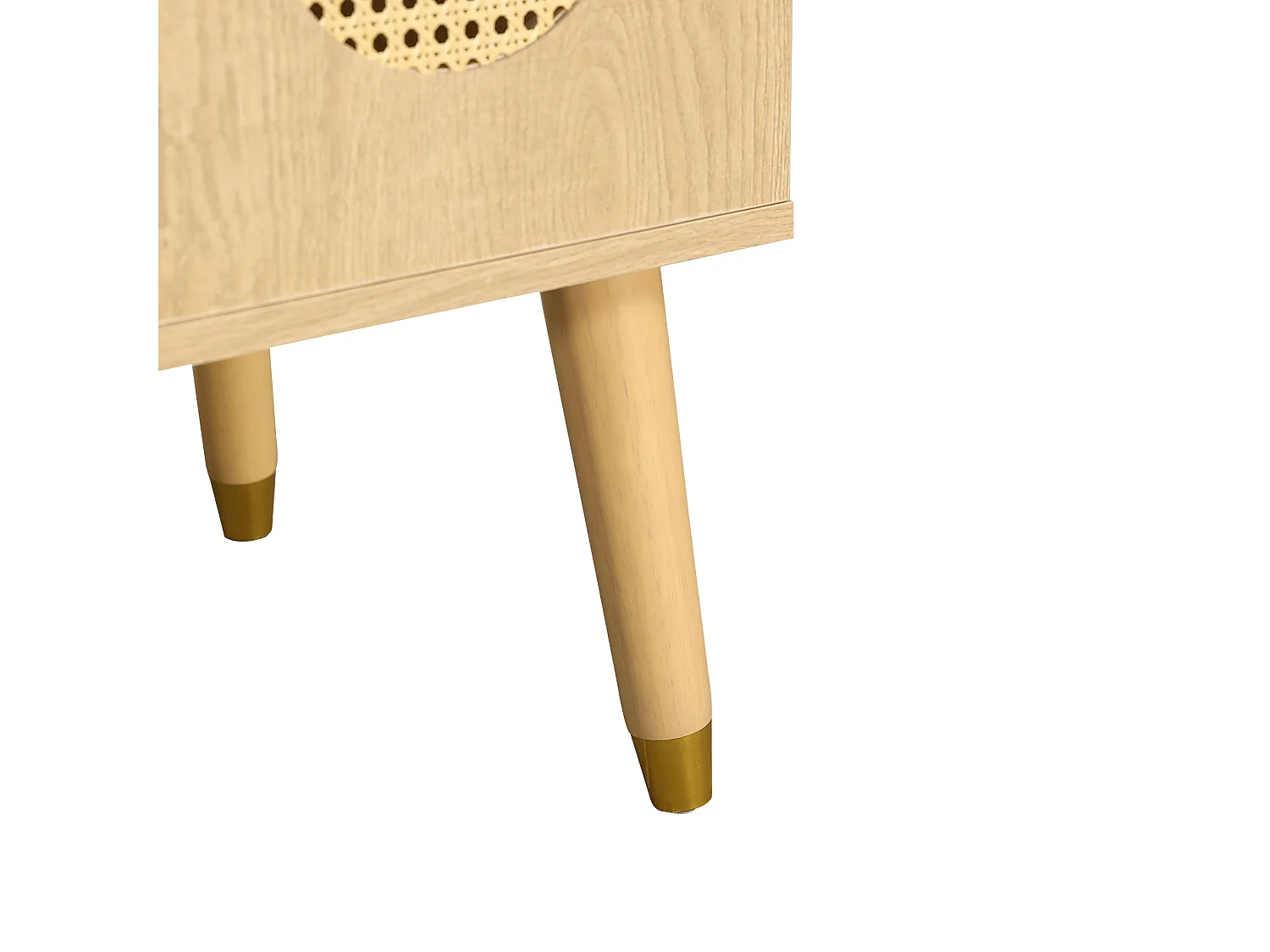 Meuble vasque en bois clair 61 cm, portes en rotin, lavabo céramique, pieds dorés, design naturel