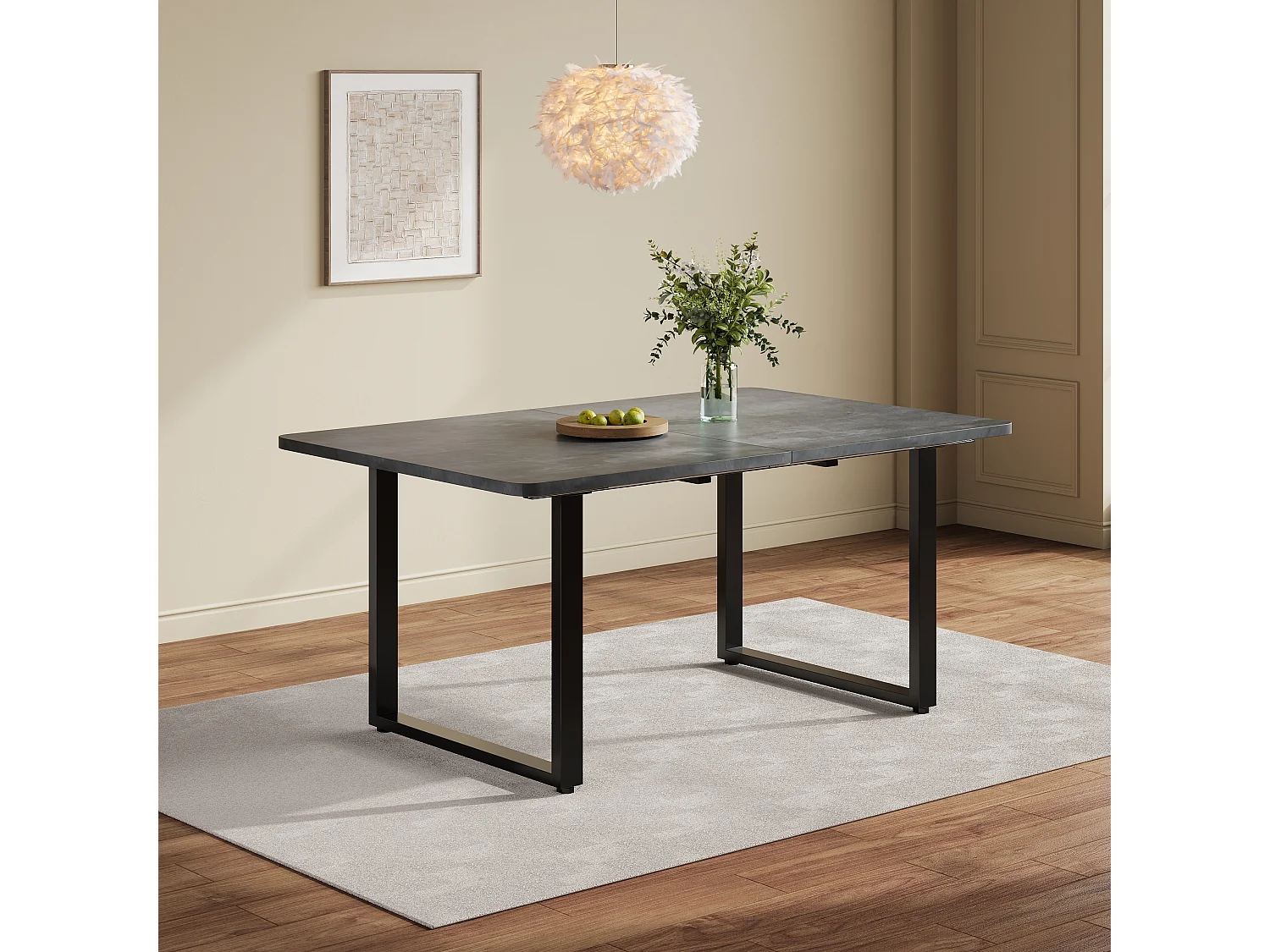 Table à manger extensible grise 140-220 cm, pieds métal noir, design moderne, 6-10 pers