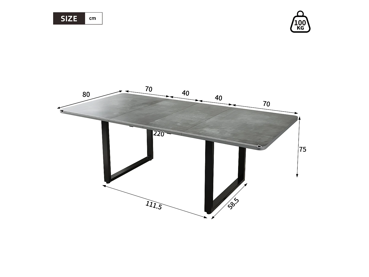 Table à manger extensible grise 140-220 cm, pieds métal noir, design moderne, 6-10 pers