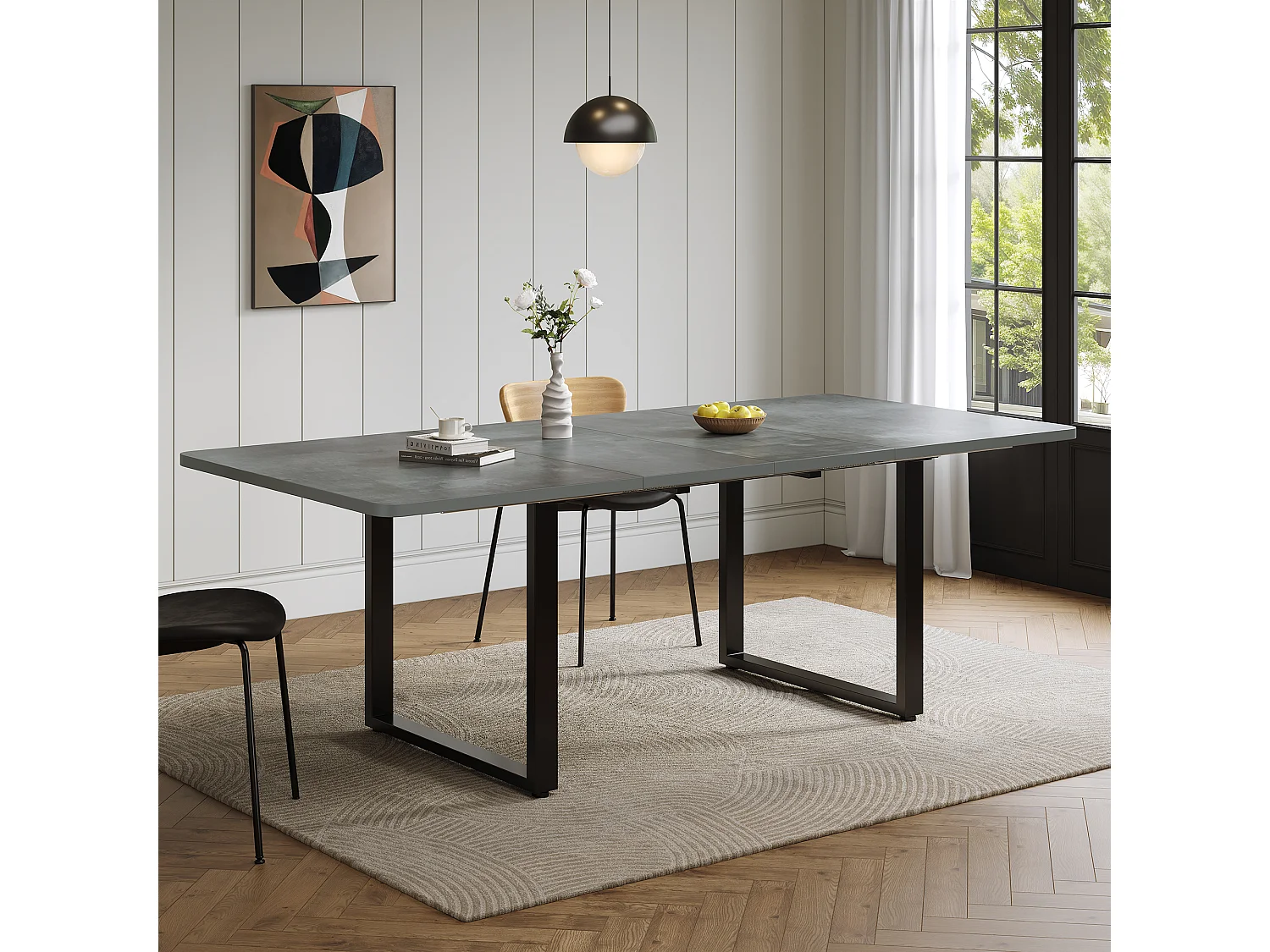 Table à manger extensible grise 140-220 cm, pieds métal noir, design moderne, 6-10 pers