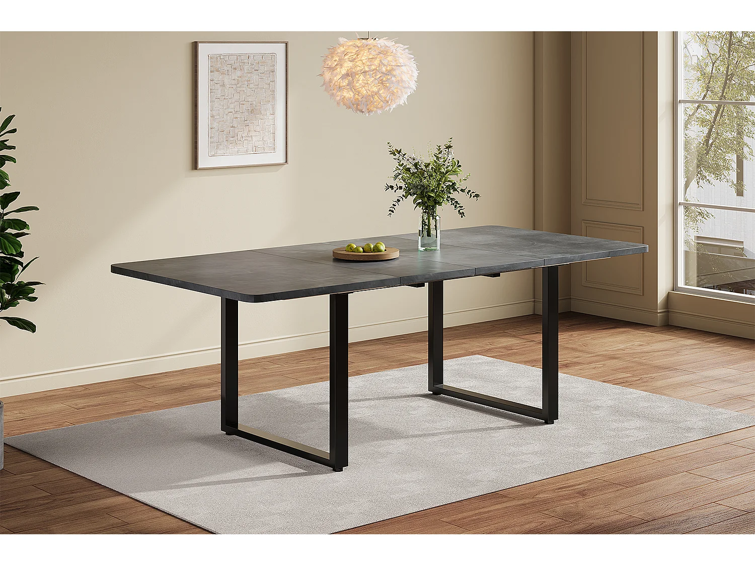 Table à manger extensible grise 140-220 cm, pieds métal noir, design moderne, 6-10 pers