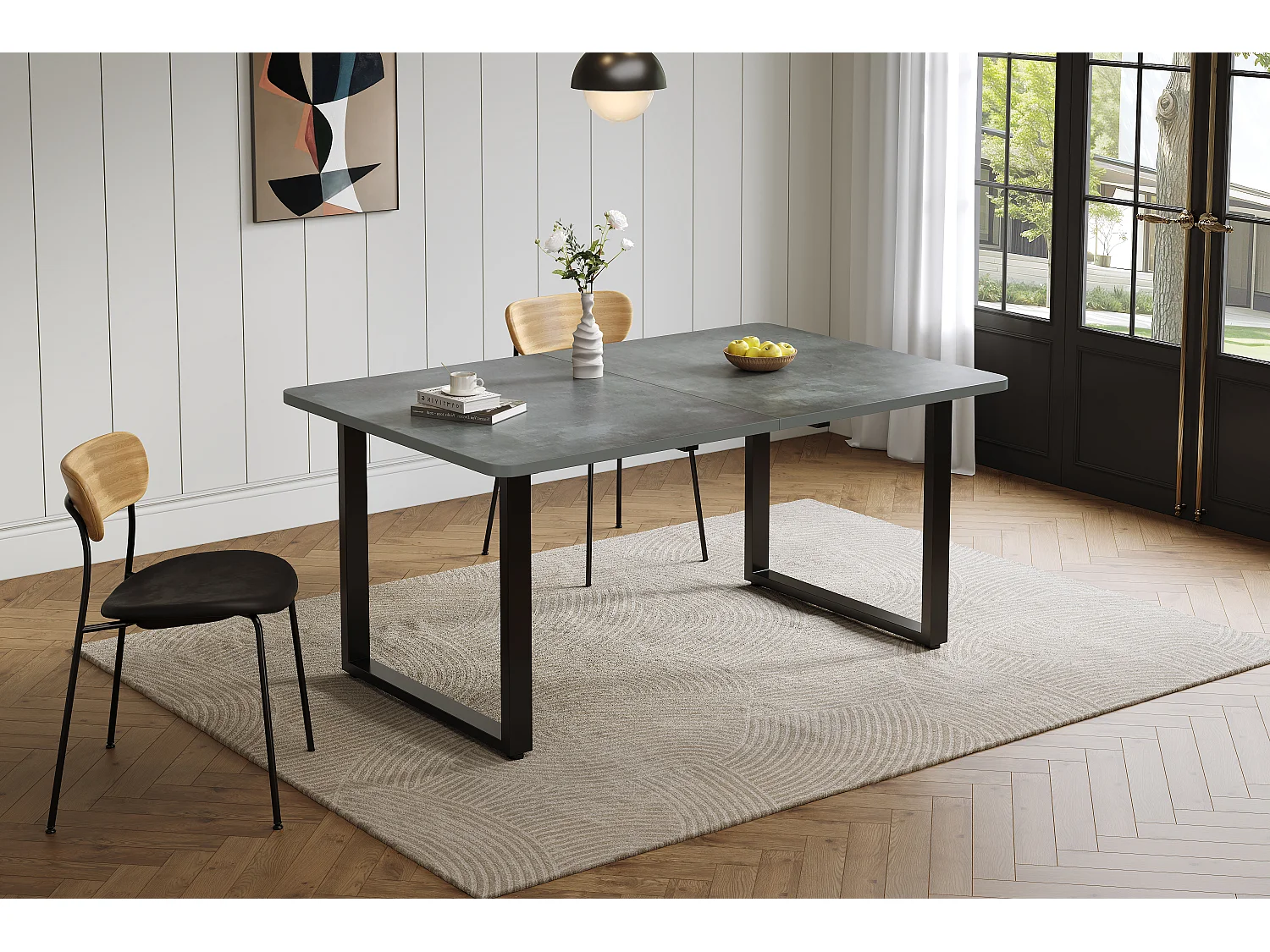 Table à manger extensible grise 140-220 cm, pieds métal noir, design moderne, 6-10 pers