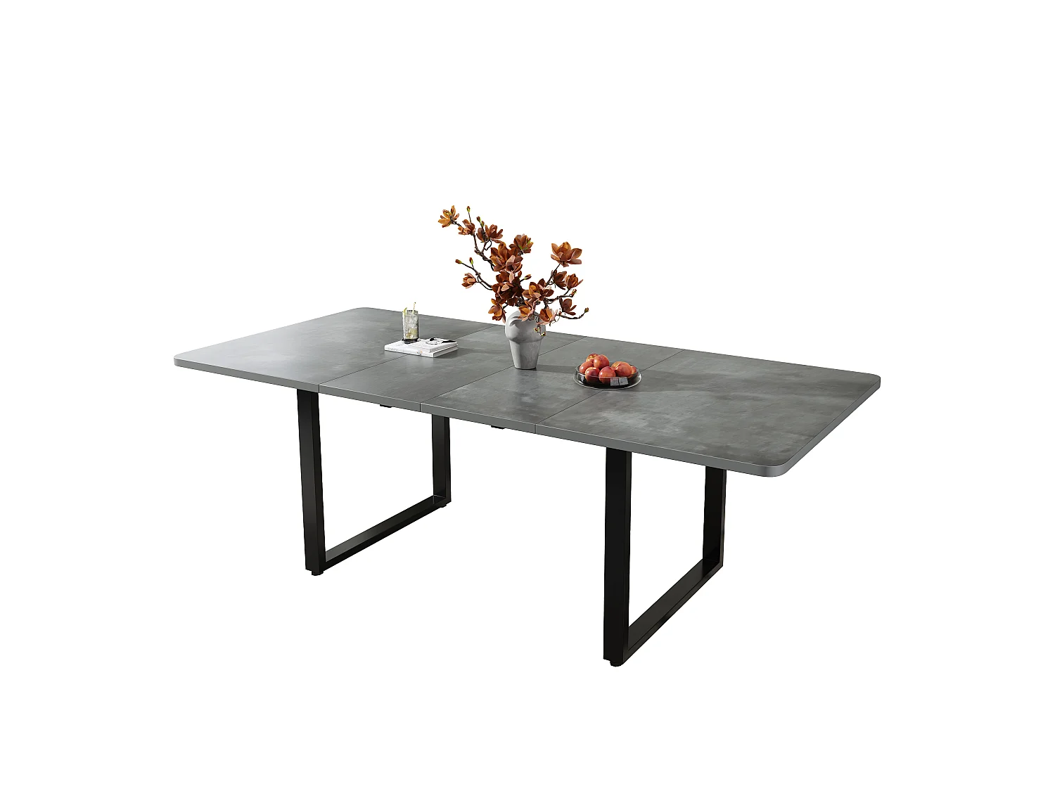 Table à manger extensible grise 140-220 cm, pieds métal noir, design moderne, 6-10 pers