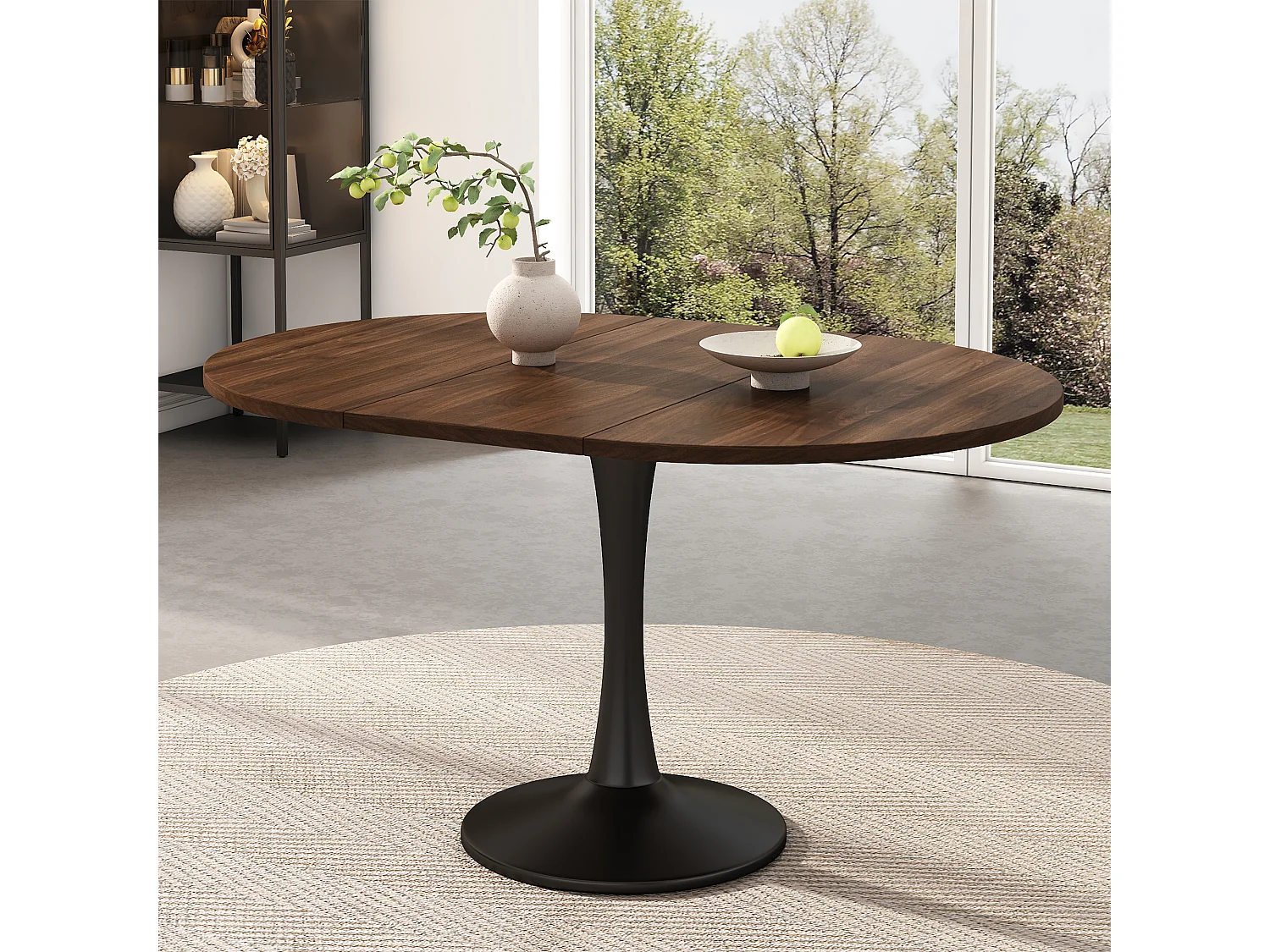 Table à manger extensible ovale noyer, pied central noir, 100-140 cm, design moderne
