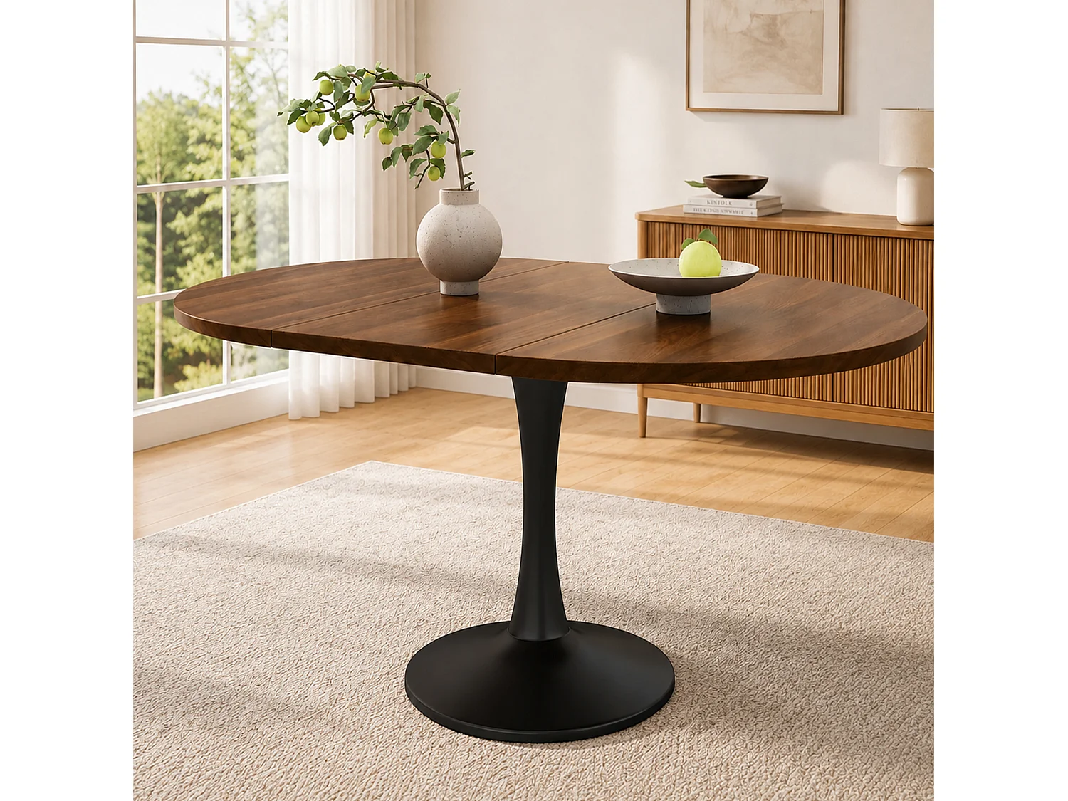 Table à manger extensible ovale noyer, pied central noir, 100-140 cm, design moderne