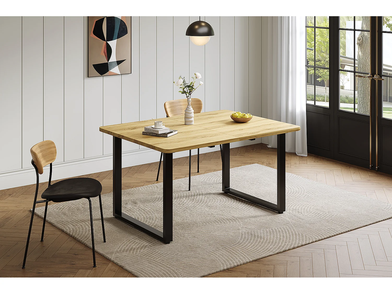 Table à manger extensible bois clair 140-220 cm, pieds métal noir, design moderne, 6-10 pers
