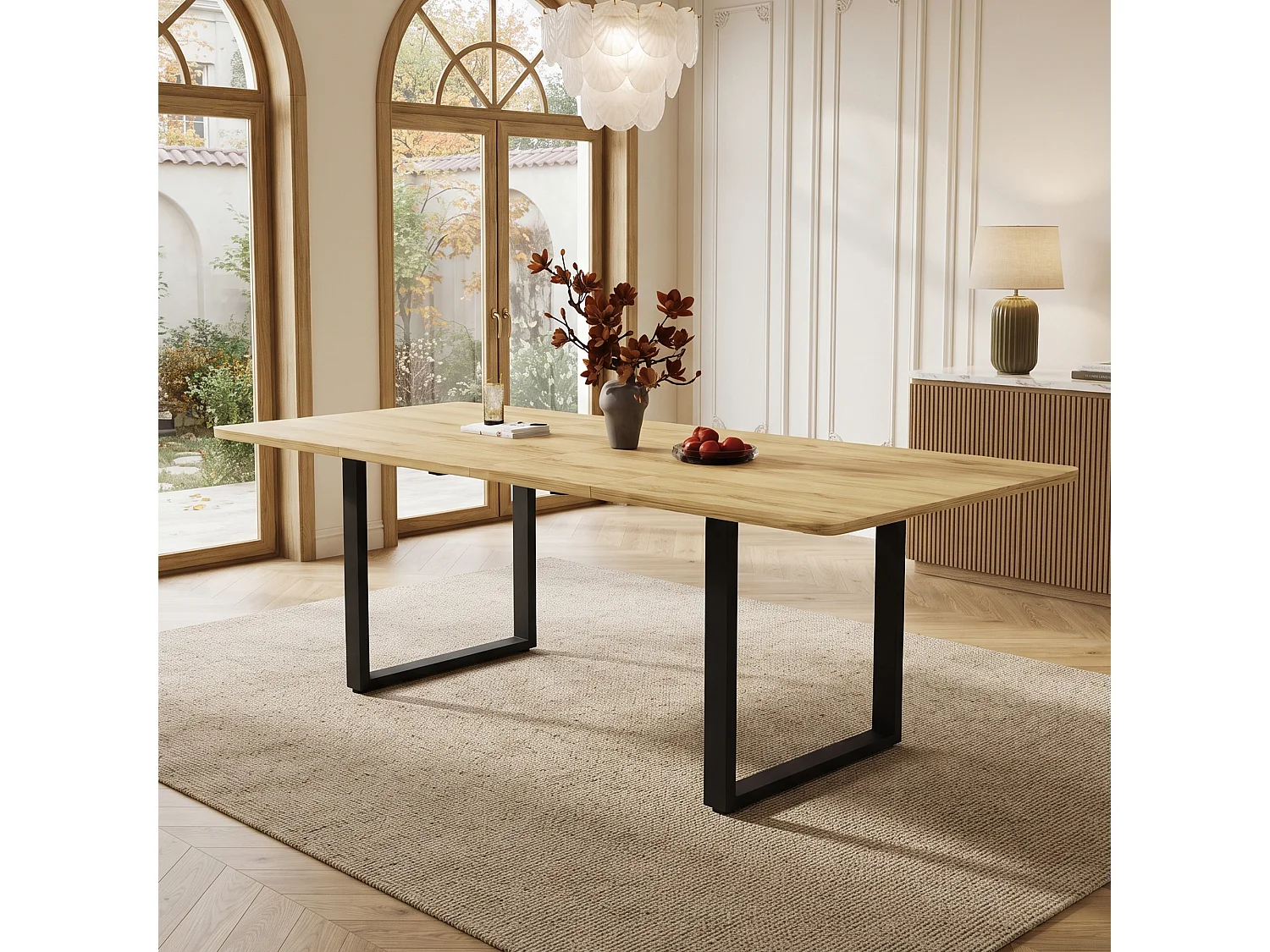 Table à manger extensible bois clair 140-220 cm, pieds métal noir, design moderne, 6-10 pers