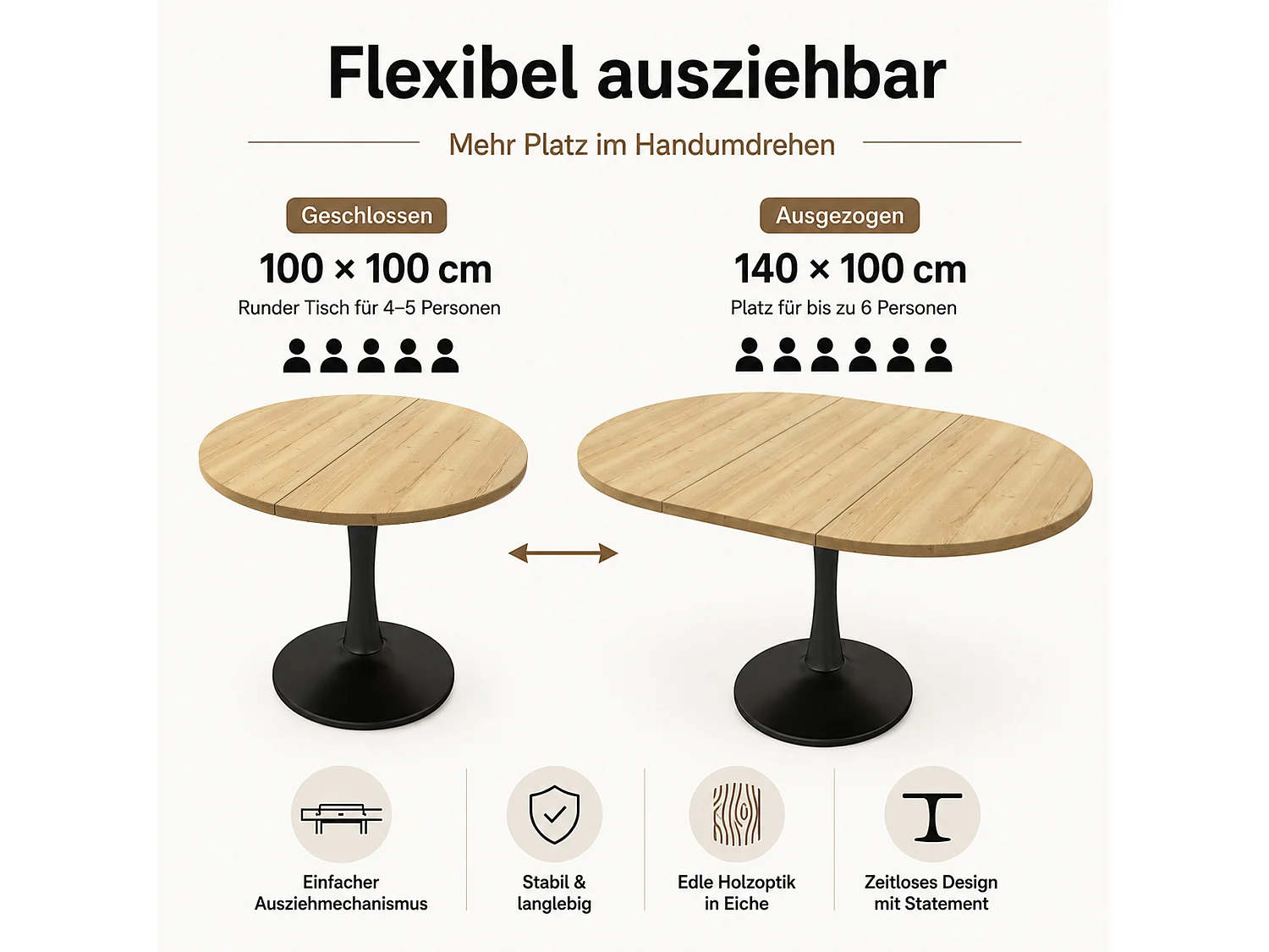 Table à manger extensible ovale chêne, pied central noir, 100-140 cm, design moderne