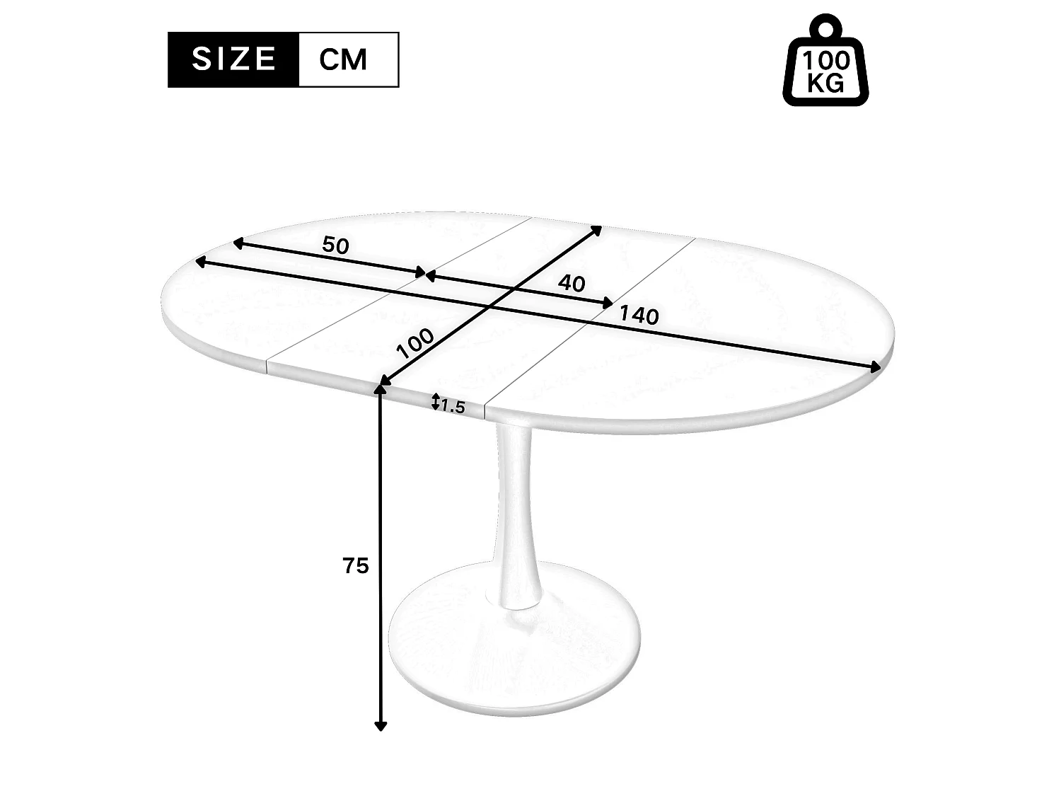 Table à manger extensible ovale chêne, pied central noir, 100-140 cm, design moderne