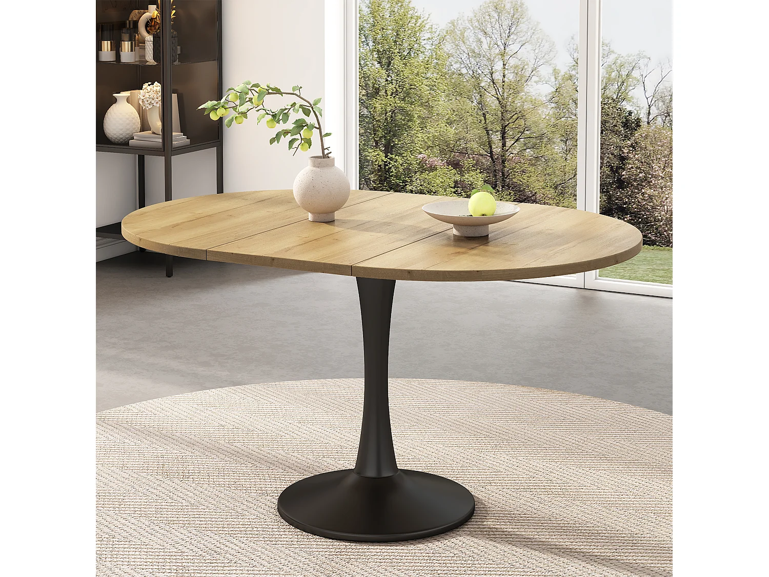 Table à manger extensible ovale chêne, pied central noir, 100-140 cm, design moderne