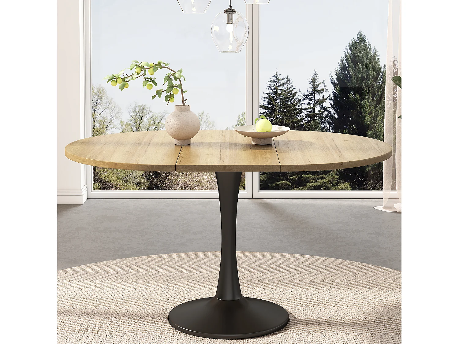 Table à manger extensible ovale chêne, pied central noir, 100-140 cm, design moderne