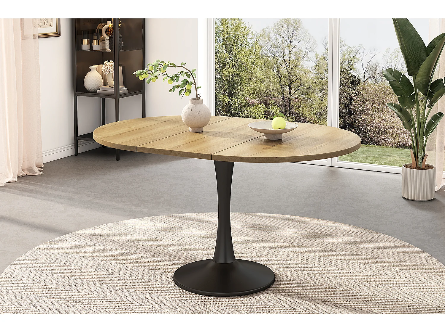Table à manger extensible ovale chêne, pied central noir, 100-140 cm, design moderne