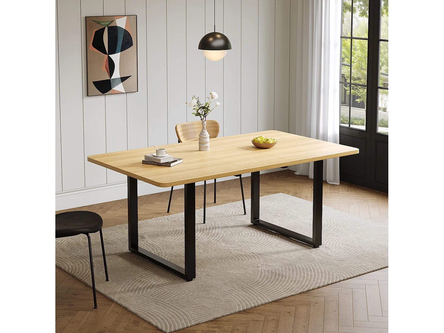 Table à manger extensible chêne 140-220 cm, pieds métal noir, design moderne, 6-10 pers