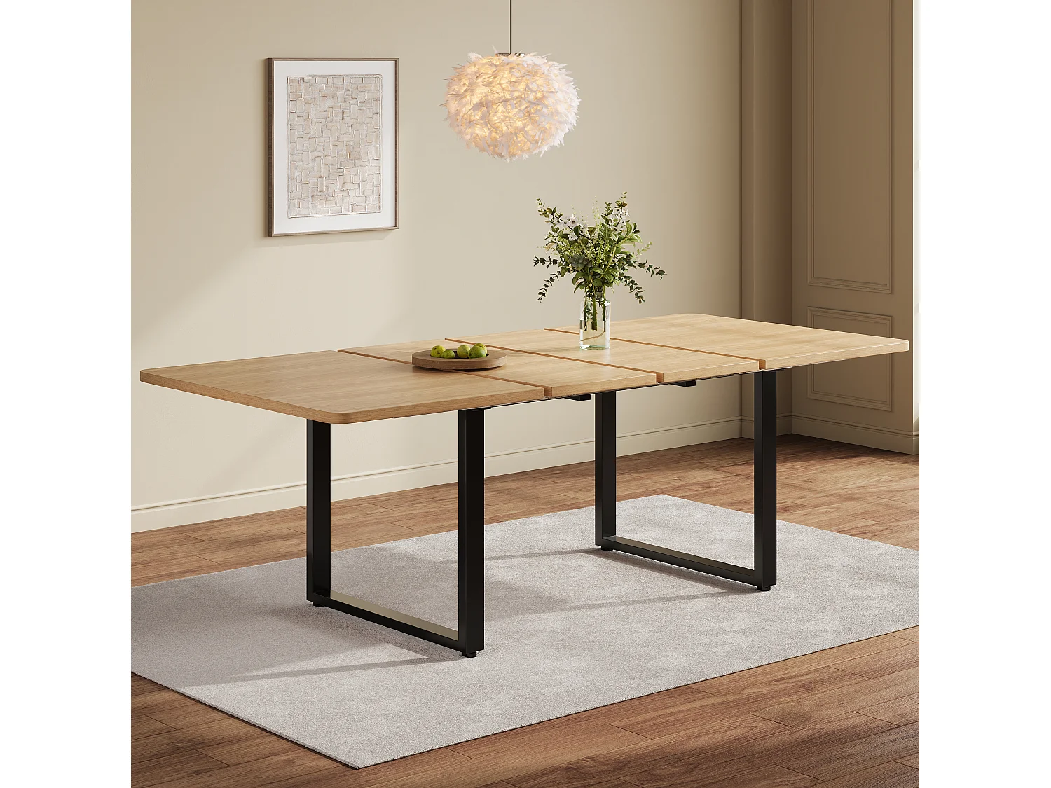 Table à manger extensible chêne 140-220 cm, pieds métal noir, design moderne, 6-10 pers
