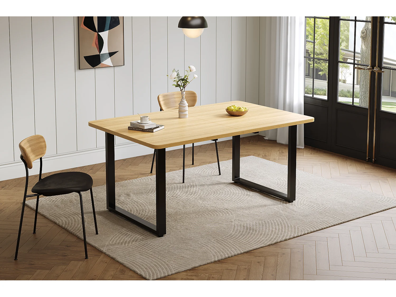 Table à manger extensible chêne 140-220 cm, pieds métal noir, design moderne, 6-10 pers