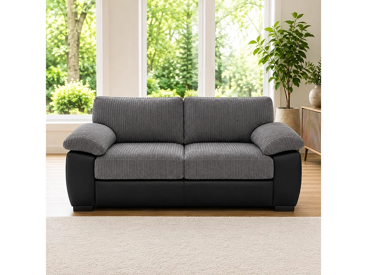 Capri Jumbo Cord with Leather Accent 3+2 Sofa Set in Grey & Black