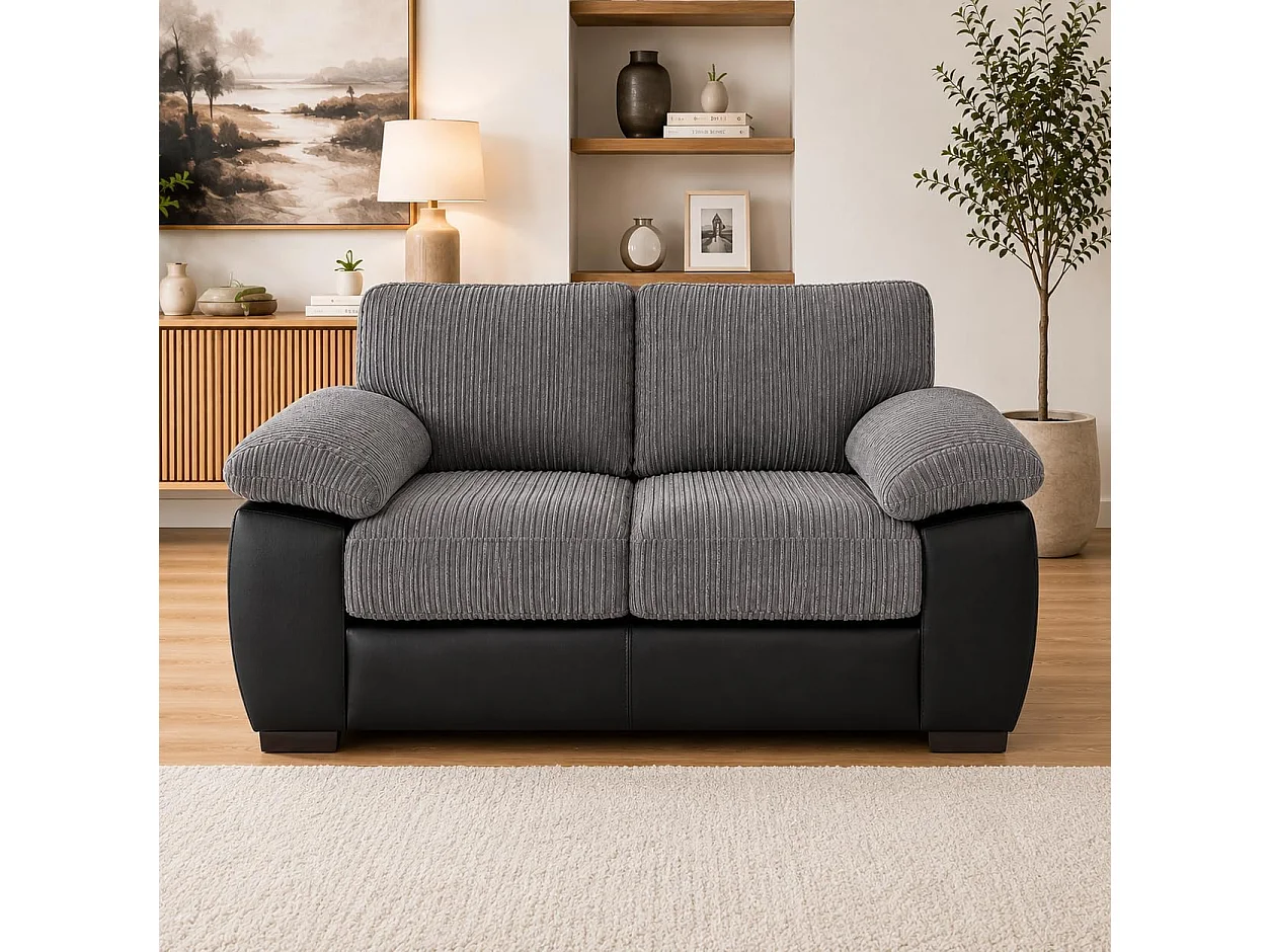Capri Jumbo Cord with Leather Accent 3+2 Sofa Set in Grey & Black