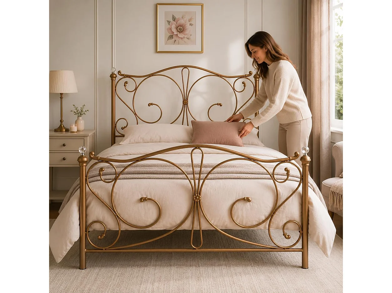 Sofia 4ft6 Victorian Style Metal Bed Frame with Crystal Ends in Antique Gold