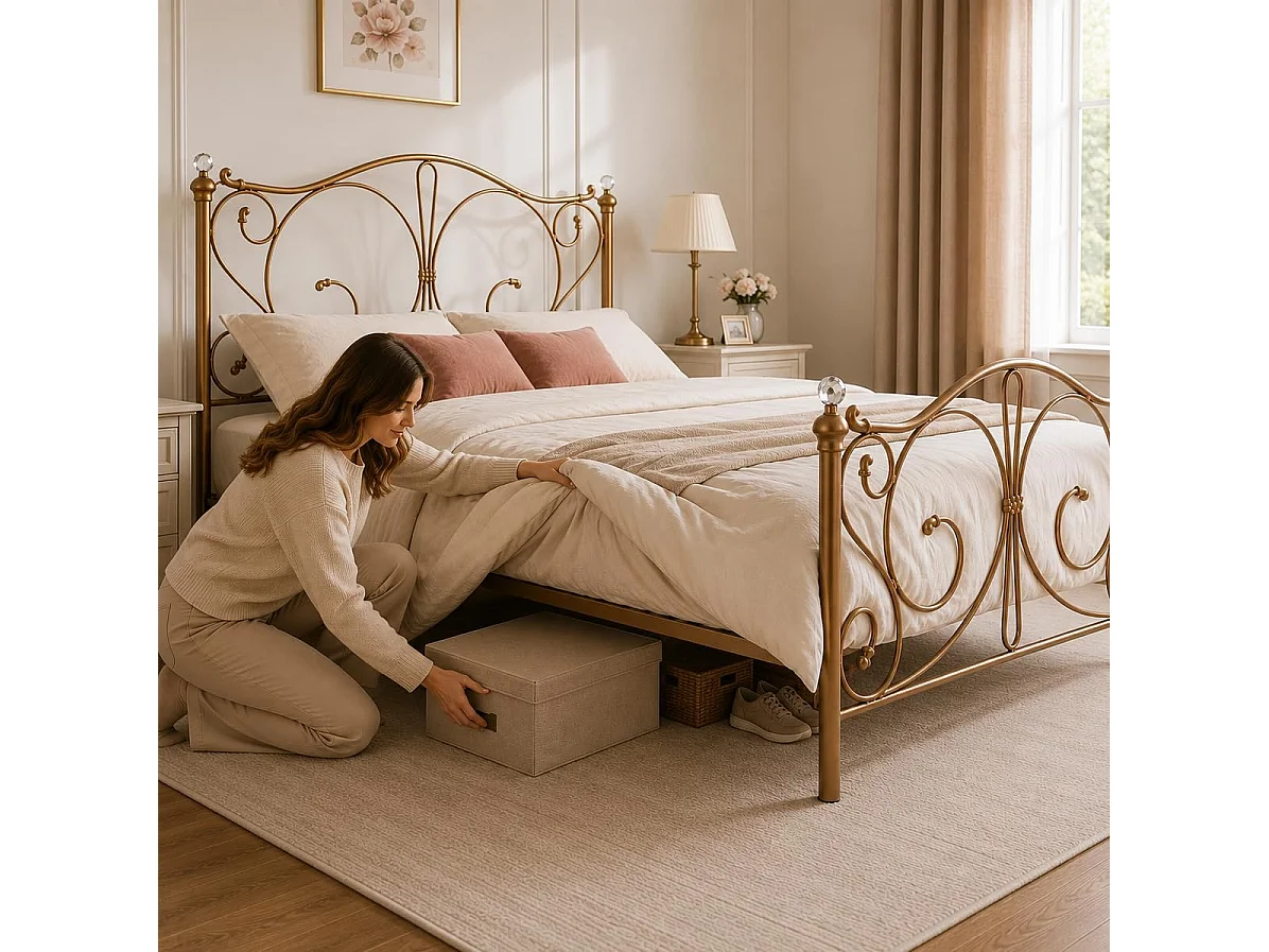 Sofia 4ft6 Victorian Style Metal Bed Frame with Crystal Ends in Antique Gold