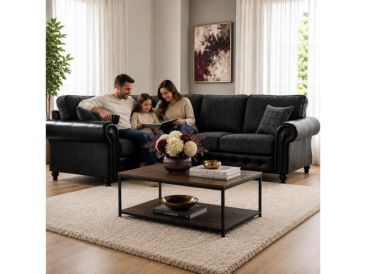 Woodland Jumbo Cord with Leather Accent (2C2) Corner Sofa Suite in Grey & Black