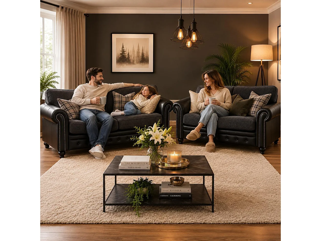 Woodland Jumbo Cord with Leather Accent 3+2 Sofa Set in Grey & Black