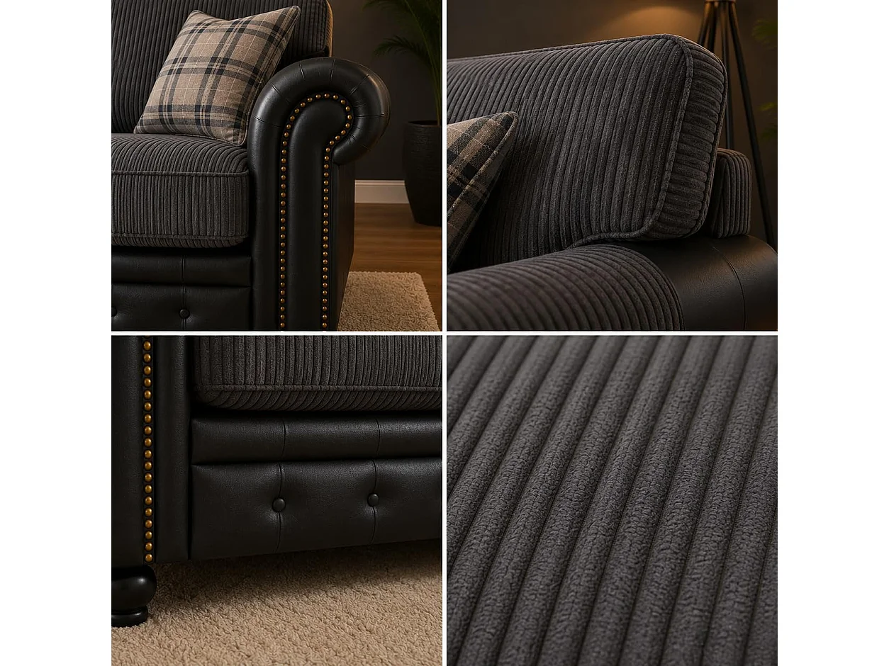 Woodland Jumbo Cord with Leather Accent 3+2 Sofa Set in Grey & Black