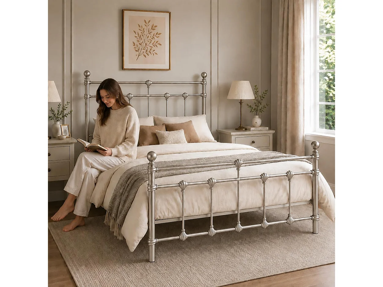 Isabella 4ft6 Vintage Inspired Metal Bed Frame in Nickel Silver