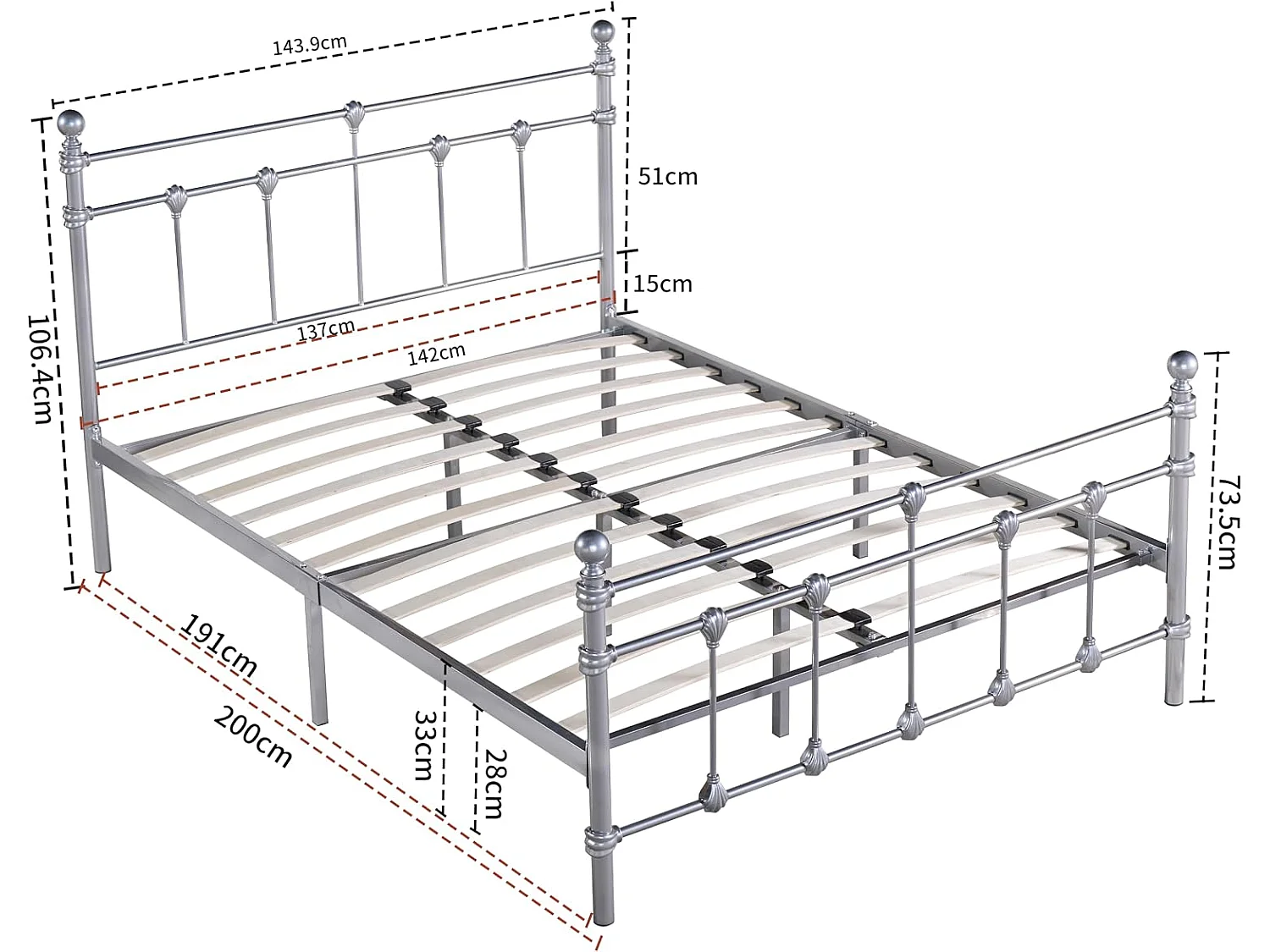 Isabella 4ft6 Vintage Inspired Metal Bed Frame in Nickel Silver