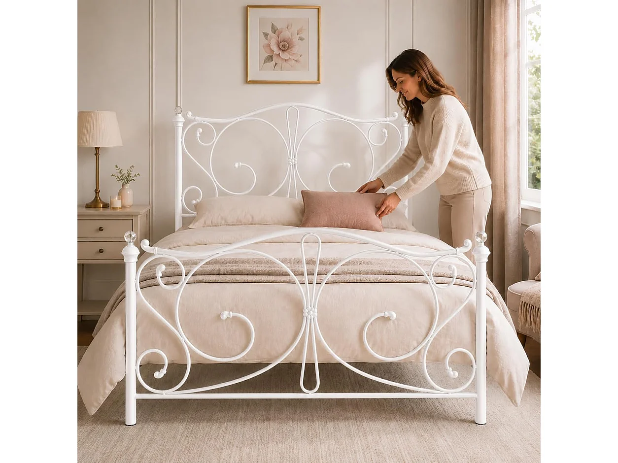Sofia 4ft6 Victorian Style Metal Bed Frame with Crystal Ends in White