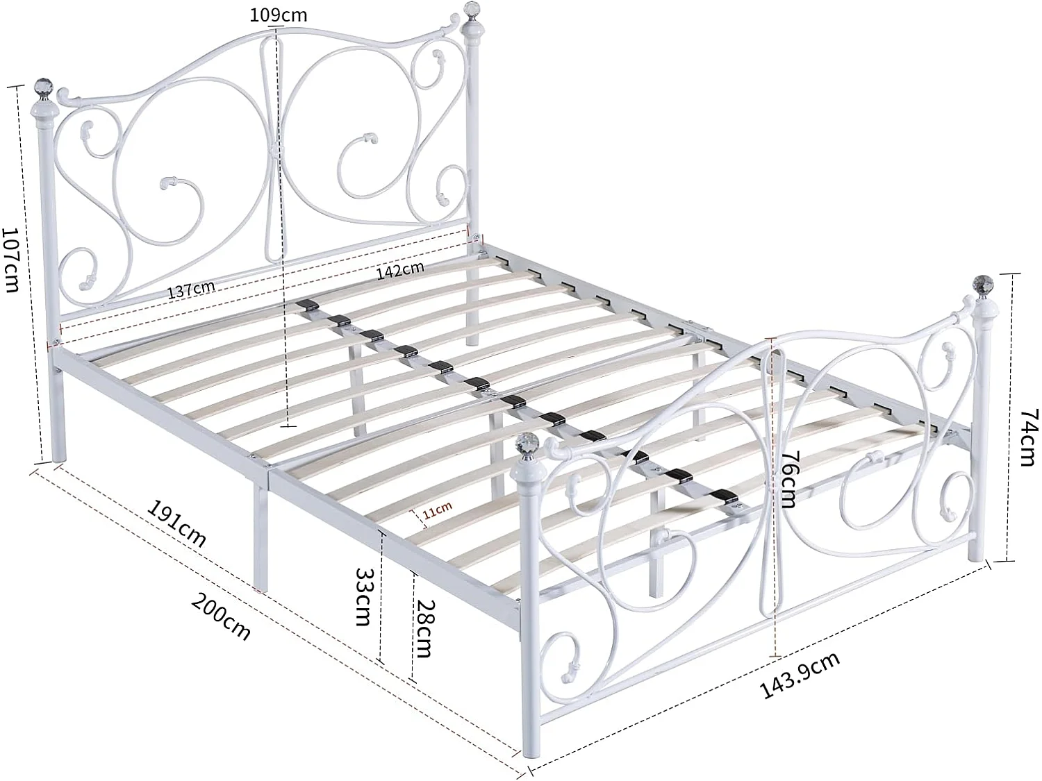 Sofia 4ft6 Victorian Style Metal Bed Frame with Crystal Ends in White
