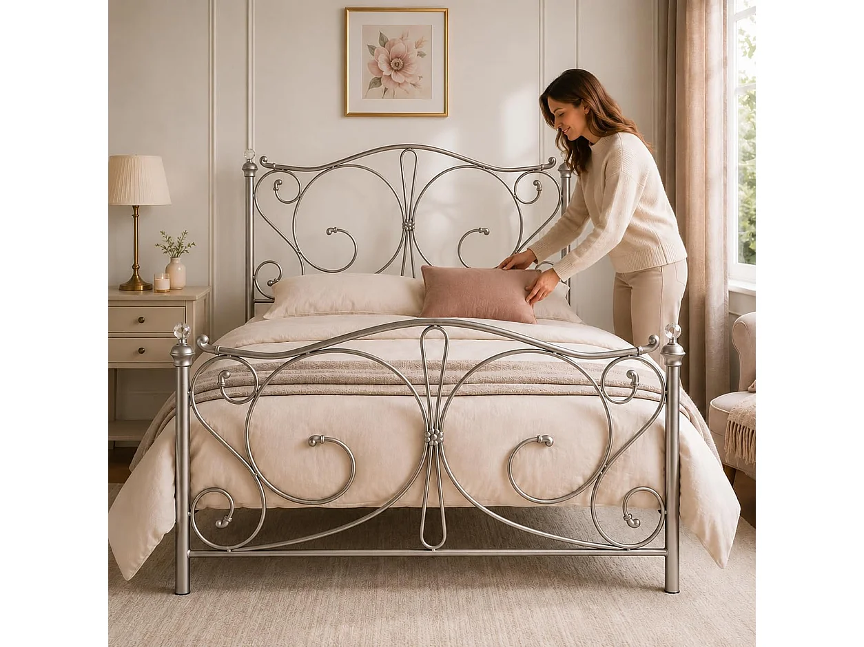 Sofia 4ft6 Victorian Style Metal Bed Frame with Crystal Ends in Nickel Silver