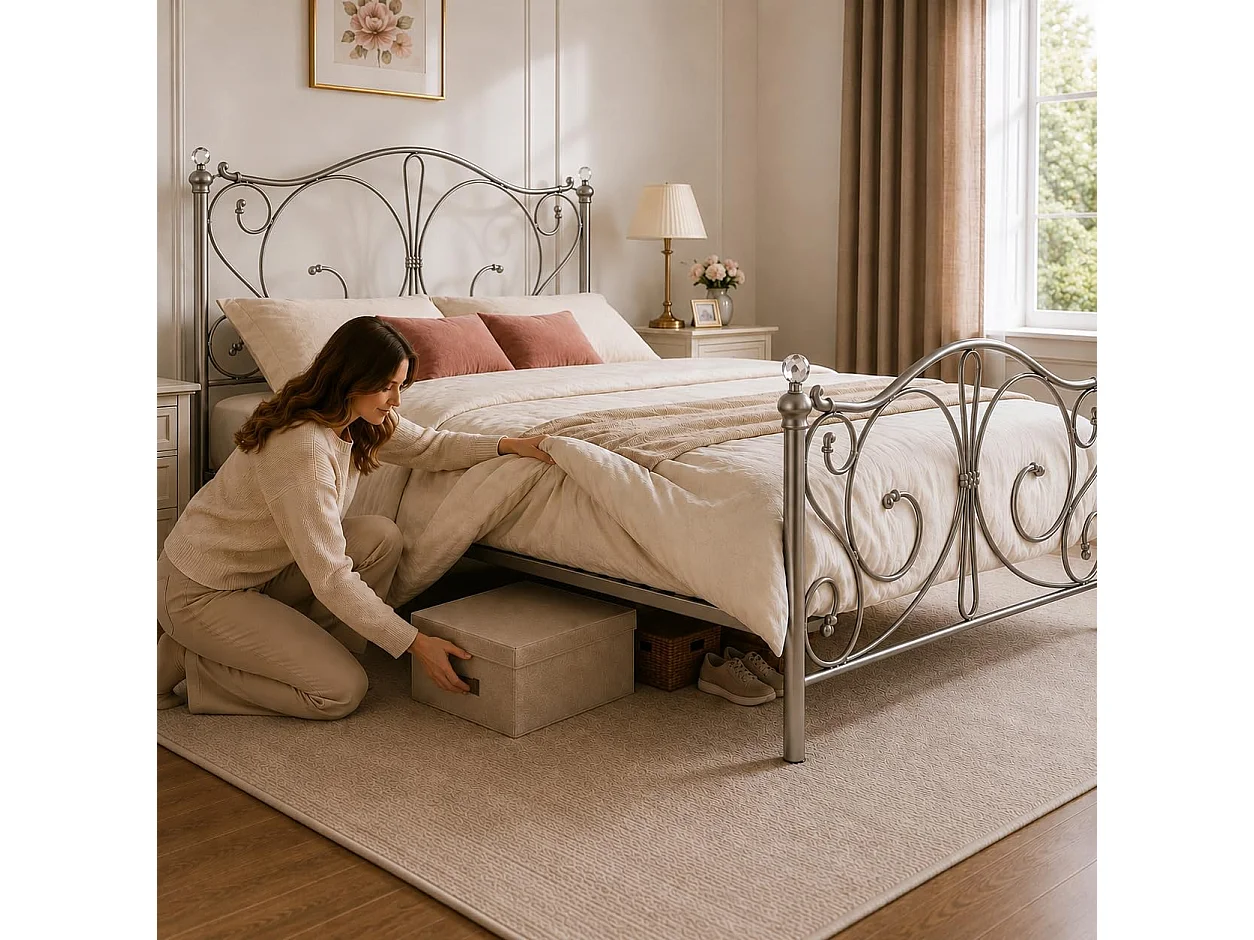 Sofia 4ft6 Victorian Style Metal Bed Frame with Crystal Ends in Nickel Silver