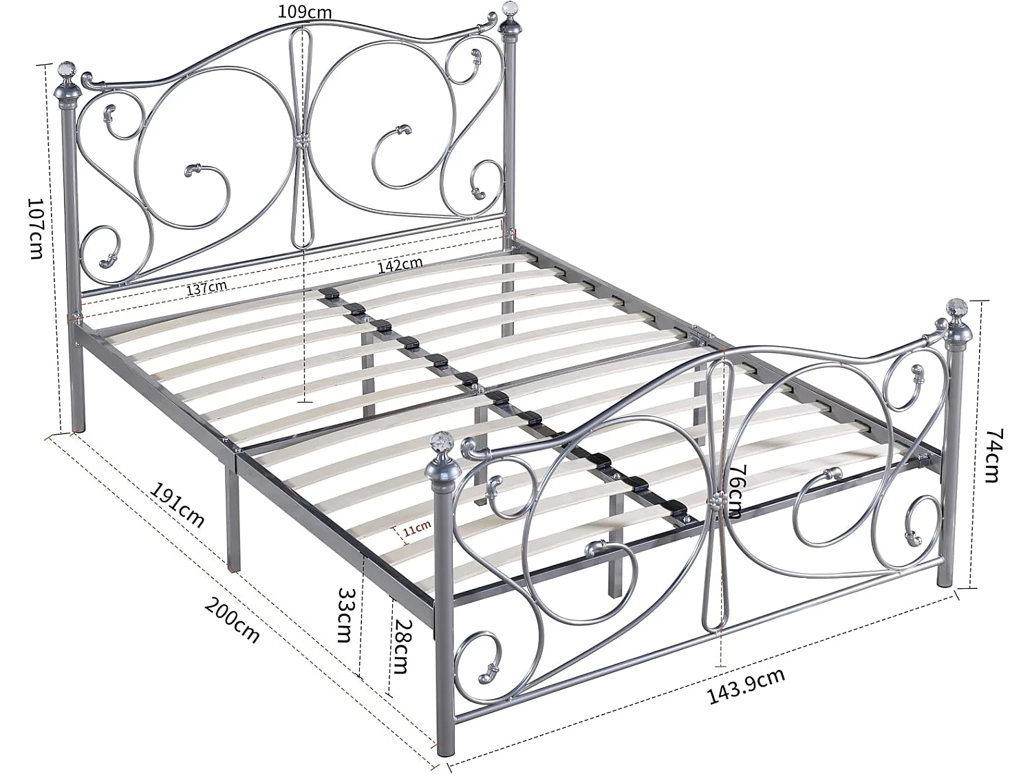 Sofia 4ft6 Victorian Style Metal Bed Frame with Crystal Ends in Nickel Silver
