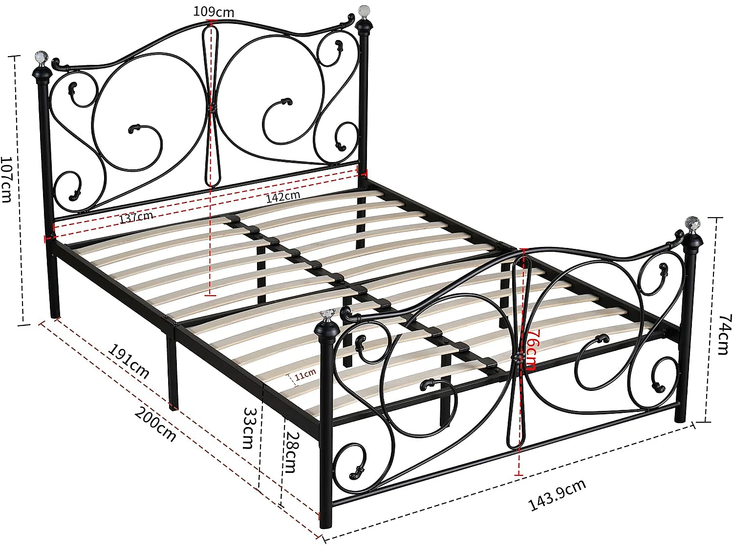 Sofia 4ft6 Victorian Style Metal Bed Frame with Crystal Ends in Black