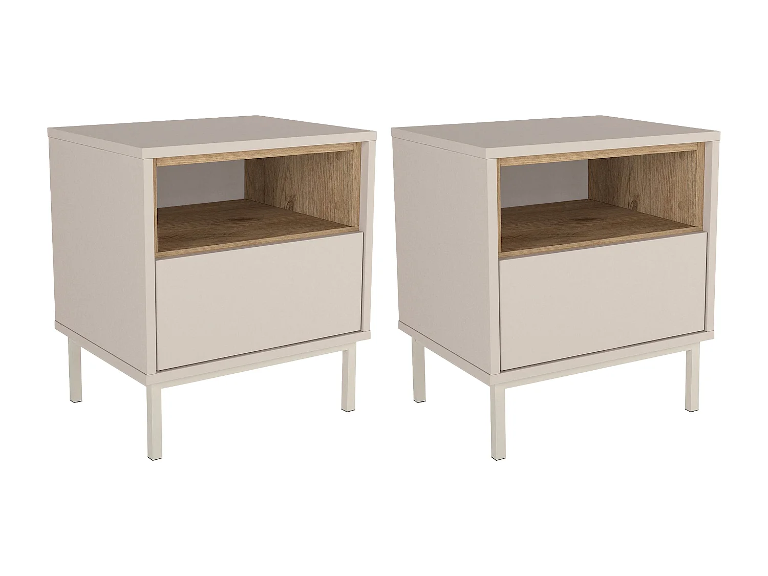 Lot de 2 tables de chevet avec 1 tiroir et 1 niche - Beige et naturel clair - FAZYRA