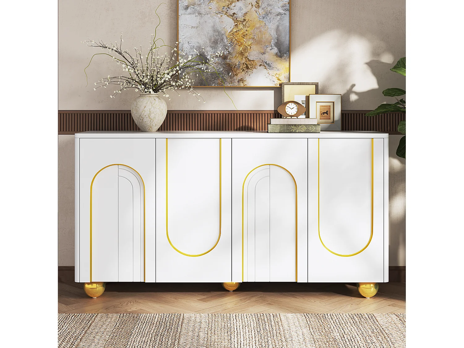 Four-door sideboard with gold arch motif and interior shelves - Particleboard and MDF - 140 × 40 × 74 cm - White