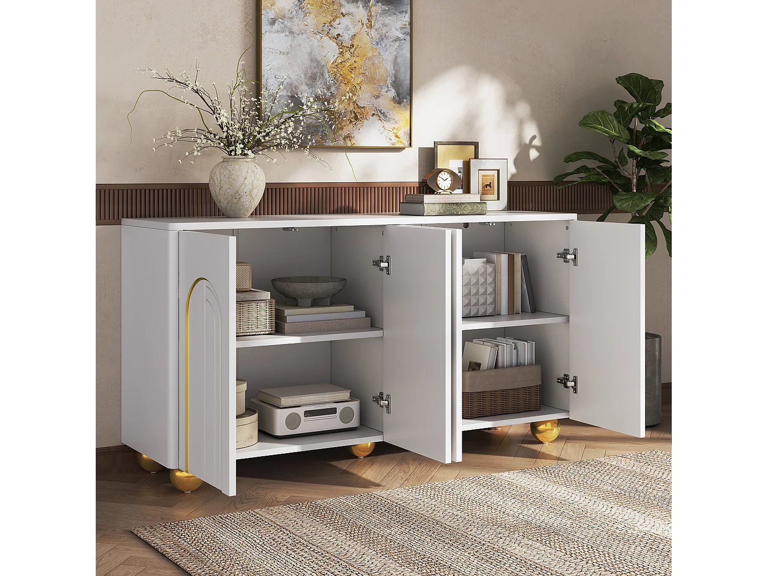 Four-door sideboard with gold arch motif and interior shelves - Particleboard and MDF - 140 × 40 × 74 cm - White