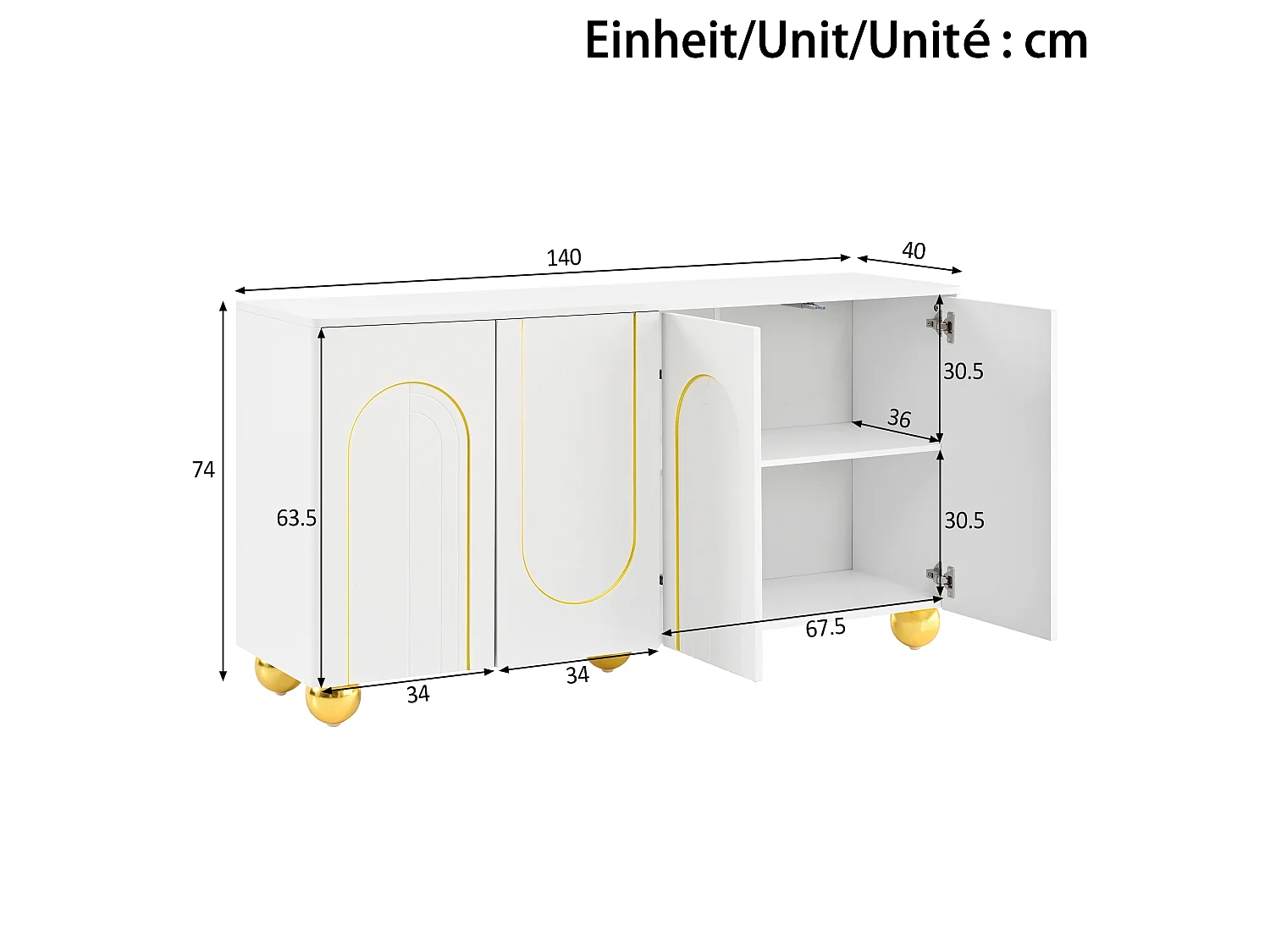 Four-door sideboard with gold arch motif and interior shelves - Particleboard and MDF - 140 × 40 × 74 cm - White