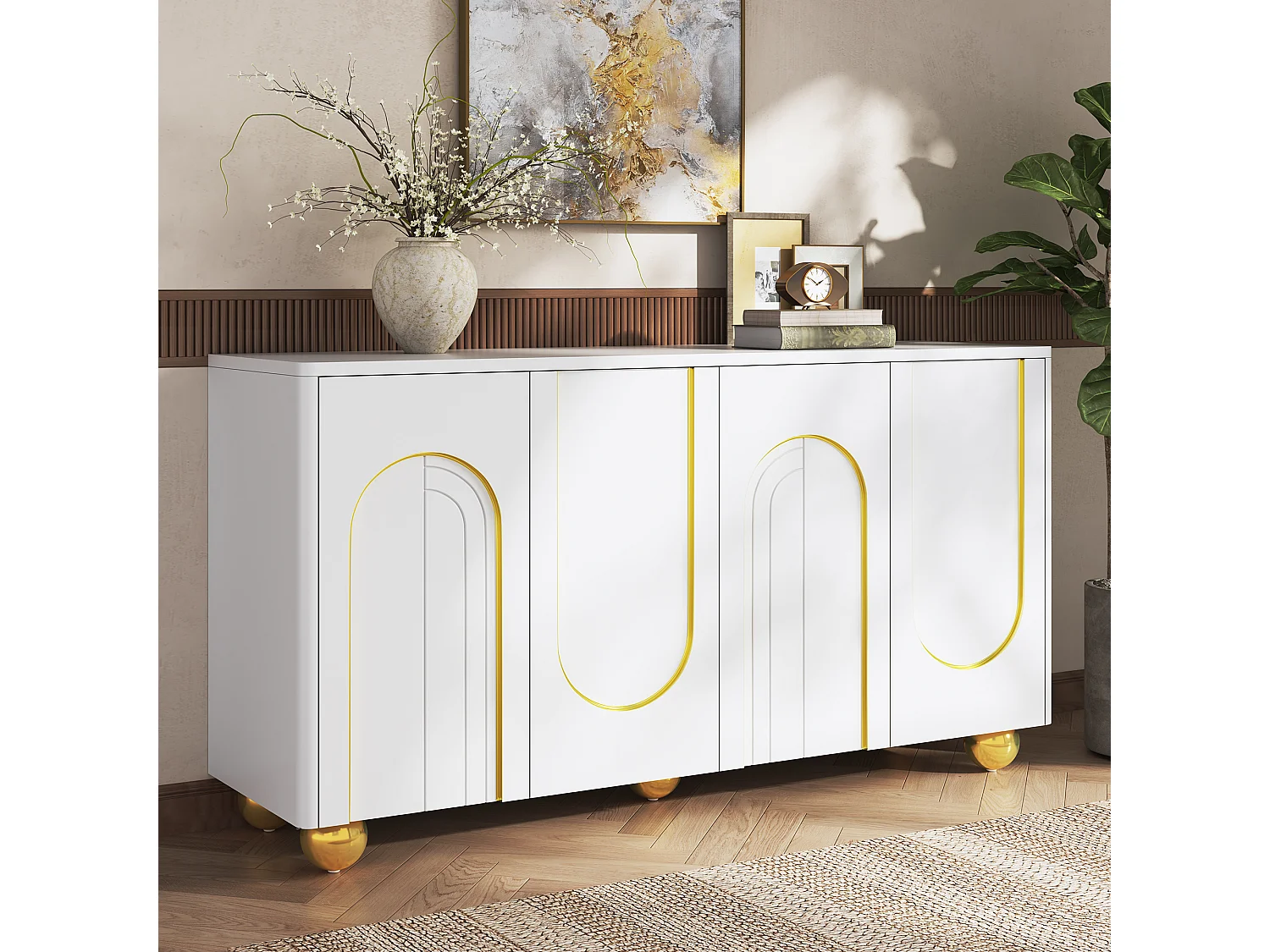 Four-door sideboard with gold arch motif and interior shelves - Particleboard and MDF - 140 × 40 × 74 cm - White
