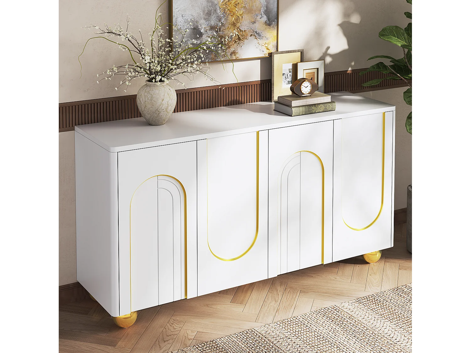 Four-door sideboard with gold arch motif and interior shelves - Particleboard and MDF - 140 × 40 × 74 cm - White