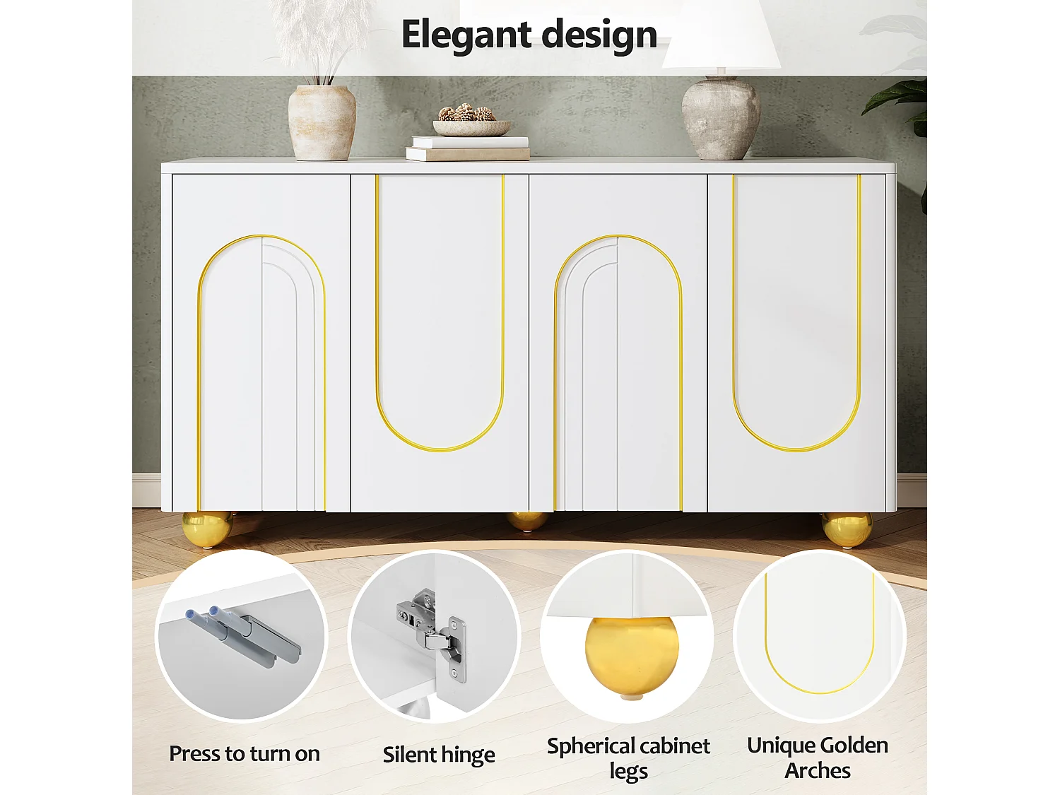 Four-door sideboard with gold arch motif and interior shelves - Particleboard and MDF - 140 × 40 × 74 cm - White