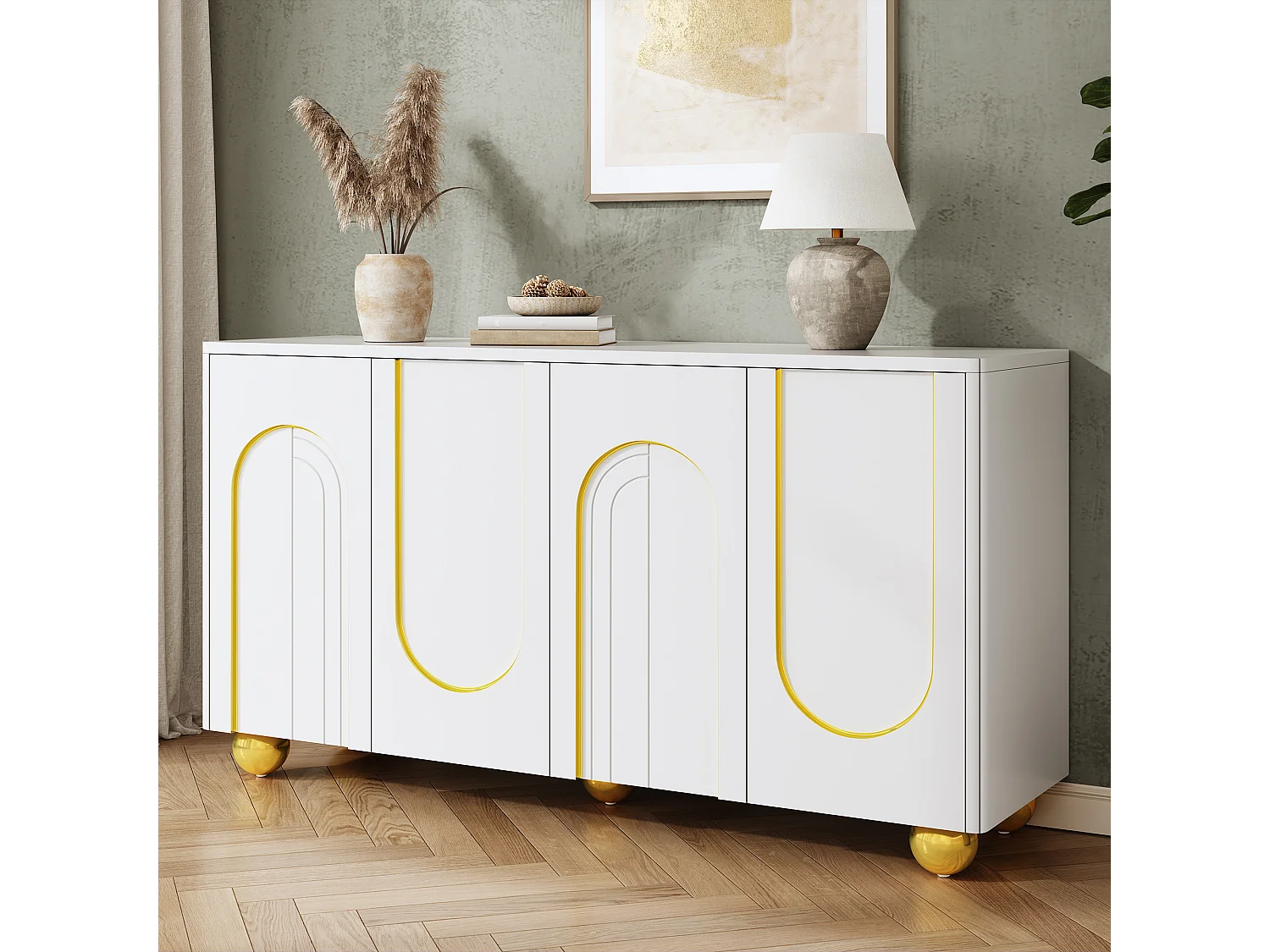 Four-door sideboard with gold arch motif and interior shelves - Particleboard and MDF - 140 × 40 × 74 cm - White
