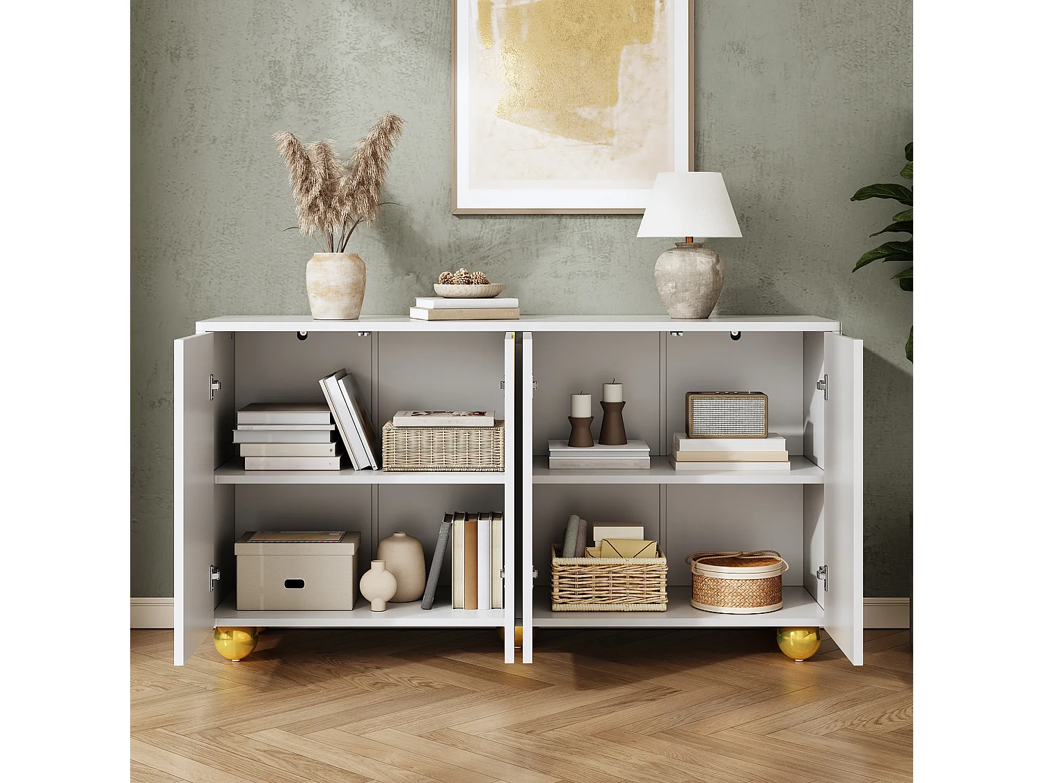 Four-door sideboard with gold arch motif and interior shelves - Particleboard and MDF - 140 × 40 × 74 cm - White
