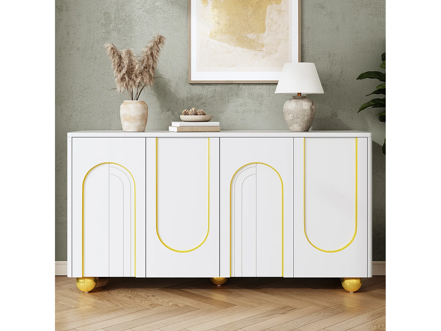 Four-door sideboard with gold arch motif and interior shelves - Particleboard and MDF - 140 × 40 × 74 cm - White