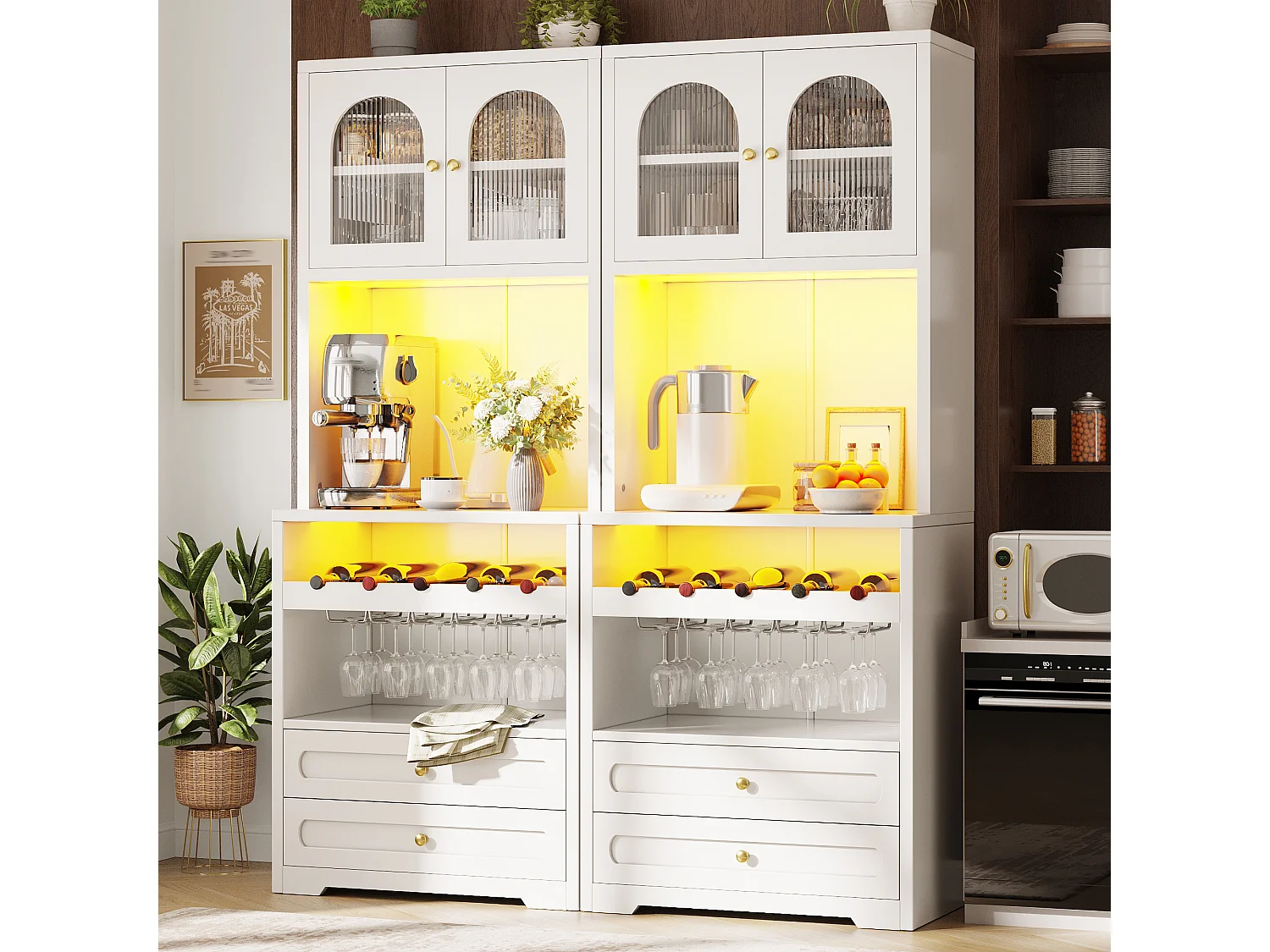 Set of 2 tall sideboards with 4 curved glass doors, 4 drawers, LED lighting and wine rack - MDF and metal - 140 × 40 × 180 cm - White