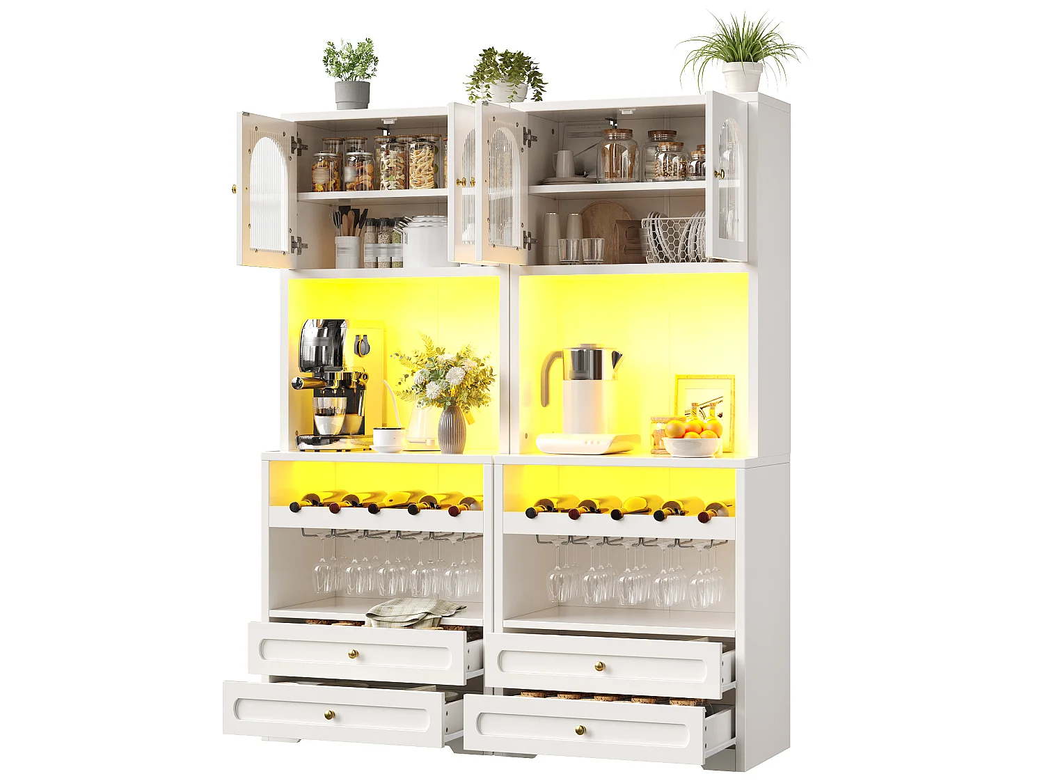 Set of 2 tall sideboards with 4 curved glass doors, 4 drawers, LED lighting and wine rack - MDF and metal - 140 × 40 × 180 cm - White